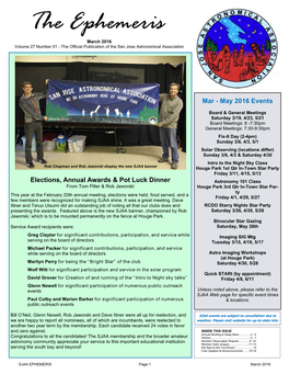 The Ephemeris March 2016 Volume 27 Number 01 - the Official Publication of the San Jose Astronomical Association