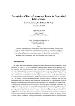 Formulation of Energy Momentum Tensor for Generalized Fields of Dyons