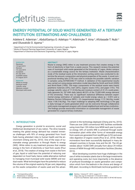 ENERGY POTENTIAL of SOLID WASTE GENERATED at a TERTIARY INSTITUTION: ESTIMATIONS and CHALLENGES Adelere E