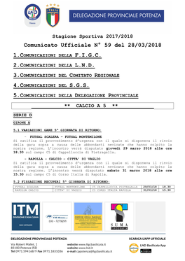 Comunicato Ufficiale N° 59 Del 28/03/2018