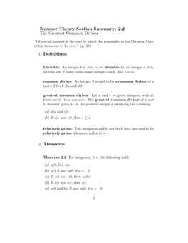 Number Theory Section Summary: 2.2 the Greatest Common Divisor 1. Definitions 2. Theorems