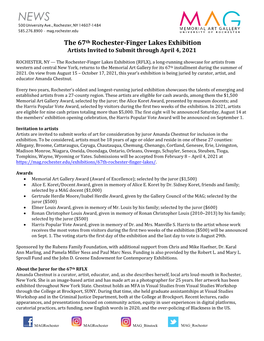 The 67Th Rochester-Finger Lakes Exhibition Artists Invited to Submit Through April 4, 2021