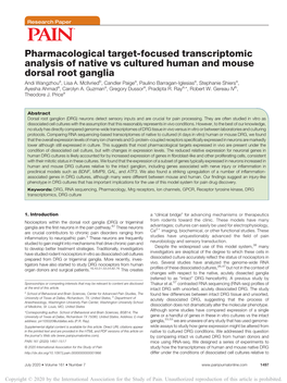 Pharmacological Target-Focused Transcriptomic Analysis of Native Vs Cultured Human and Mouse Dorsal Root Ganglia Andi Wangzhoua, Lisa A