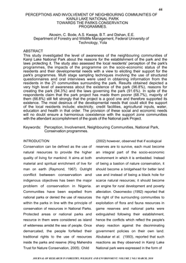 44 Perceptions and Involvement of Neighbouring Communities of Kainji Lake National Park Towards the Parks Conservation Programmes