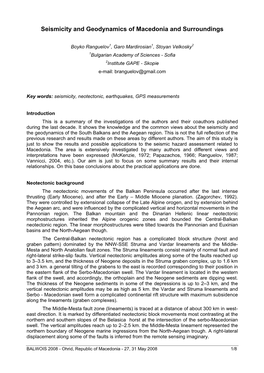 Seismicity and Geodynamics of Macedonia and Surroundings