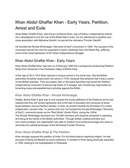 Khan Abdul Ghaffar Khan - Early Years, Partition, Arrest and Exile