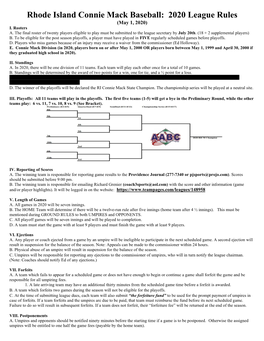 Rhode Island Connie Mack Baseball: 2020 League Rules (May 1, 2020) I