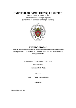 Oscar Wilde Como Artesano. La Mediación De La Identidad a Través De Los Objetos En the Picture of Dorian Gray Y the Importance of Being Earnest