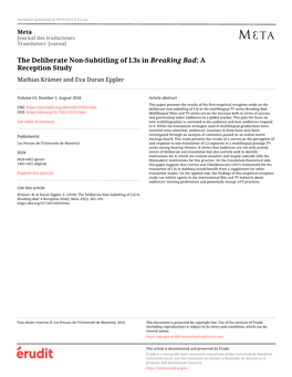 The Deliberate Non-Subtitling of L3s in Breaking Bad: a Reception Study Mathias Krämer and Eva Duran Eppler