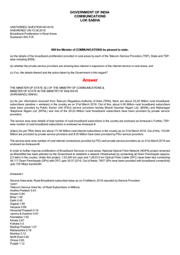 ANSWERED ON:10.08.2016 Broadband Proliferation in Rural Areas Sundaram Shri P.R