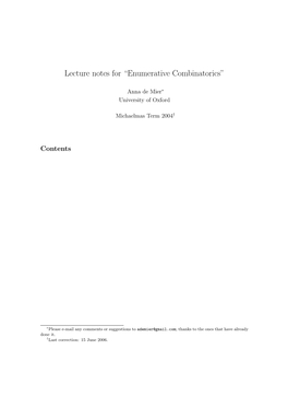 Lecture Notes for “Enumerative Combinatorics”