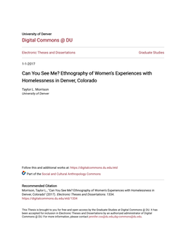 Ethnography of Women's Experiences with Homelessness in Denver, Colorado