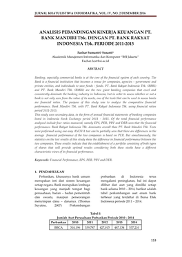 ANALISIS PEBANDINGAN KINERJA KEUANGAN PT. BANK MANDIRI Tbk. DENGAN PT. BANK RAKYAT INDONESIA Tbk. PERIODE 2011-2015