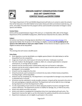 OREGON HABITAT CONSERVATION STAMP 2022 ART COMPETITION CONTEST RULES and ENTRY FORM