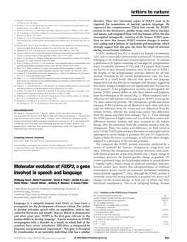 Molecular Evolution of FOXP2, a Gene Involved in Speech and Language