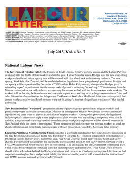 July 2013, Vol. 4 No. 7 National Labour News National, Economic