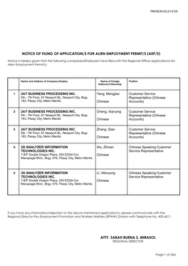 Notice of Filing of Application/S for Alien Employment Permit/S (Aep/S)