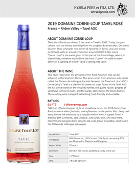 2019 DOMAINE CORNE-LOUP TAVEL ROSÉ France – Rhône Valley – Tavel AOC