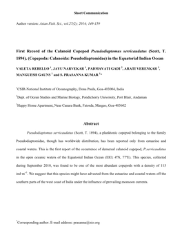 First Record of the Calanoid Copepod Pseudodiaptomus Serricaudatus (Scott, T