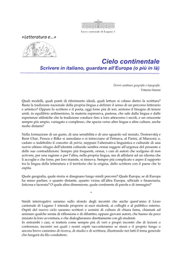 Cielo Continentale Scrivere in Italiano, Guardare All’Europa (O Più in Là)