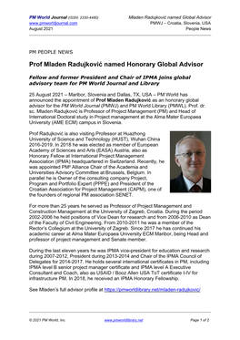 Prof Mladen Radujković Named Honorary Global Advisor