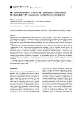 The Freshwater Medusae of the World – a Taxonomic and Systematic Literature Study with Some Remarks on Other Inland Water Jellyﬁsh