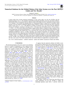 Numerical Solutions for the Orbital Motion of the Solar System Over the Past 100 Myr: Limits and New Results*