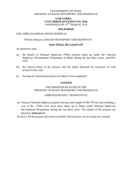 Government of India Ministry of Road Transport and Highways Lok Sabha Unstarred Question No. 3266 Answered on 15 March, 2018