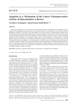 REVIEW Apoptosis As a Mechanism of the Cancer Chemopreventive