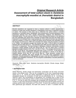 Original Research Article Assessment of Total Carbon Stock in Swietenia Macrophylla Woodlot at Jhenaidah District in Bangladesh