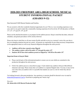 2020-2021 Freeport Area High School Musical Student Informational Packet (Grades 9-12)