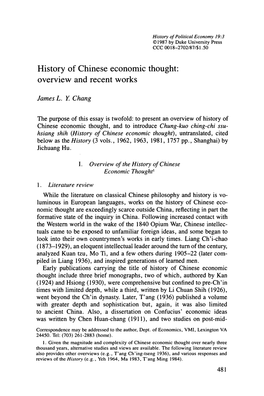 History of Chinese Economic Thought: Overview and Recent Works