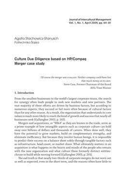 Culture Due Diligence Based on HP/Compaq Merger Case Study