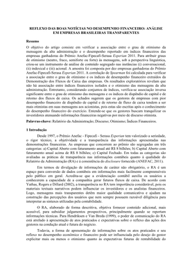 Reflexo Das Boas Notícias No Desempenho Financeiro: Análise Em Empresas Brasileiras Transparentes