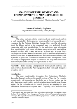 ANALYSIS of EMPLOYMENT and UNEMPLOYMENT in MUNICIPALITIES of GEORGIA (Target Municipalities: Lentekhi, Oni, Ambrolauri, Tskaltubo, Samtredia, Tsageri)77