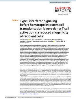 Type I Interferon Signaling Before Hematopoietic Stem Cell Transplantation Lowers Donor T Cell Activation Via Reduced Allogenicity of Recipient Cells Julius C