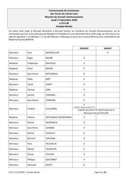 Compte-Rendu Du Conseil Communautaire Du 17 Décembre