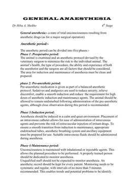 GENERAL ANAESTHESIA Anesthetic Period