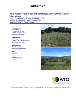 Biological Resources Reconnaissance Survey Report Ovid Winery 255 LONG RANCH ROAD, SAINT HELENA (Apns: 032-030-065 and 030-030-066) NAPA COUNTY, CALIFORNIA