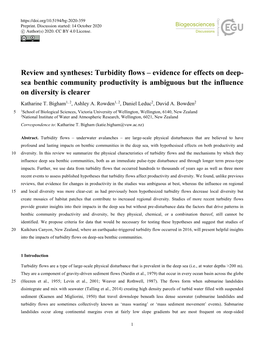 Turbidity Flows – Evidence for Effects on Deep- Sea Benthic Community Productivity Is Ambiguous but the Influence on Diversity Is Clearer Katharine T