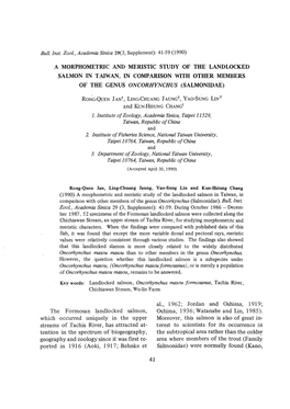 A Morphometric and Meristic Study of the Landlocked Salmon in Taiwan, in Comparison with Other Members of the Genus Oncorhynchus (Salmonidae)