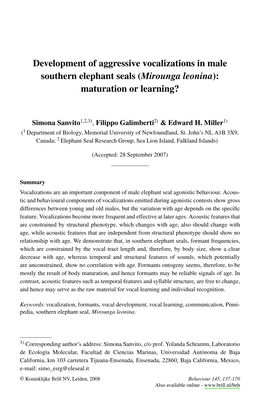 Development of Aggressive Vocalizations in Male Southern Elephant Seals (Mirounga Leonina): Maturation Or Learning?