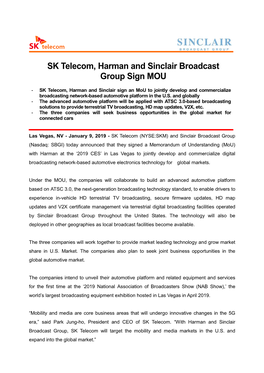 SK Telecom, Harman and Sinclair Broadcast Group Sign MOU