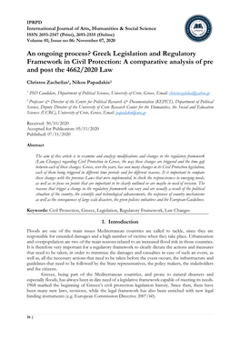 Greek Legislation and Regulatory Framework in Civil Protection: a Comparative Analysis of Pre and Post the 4662/2020 Law