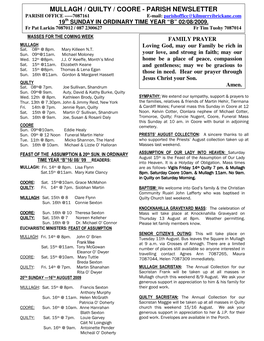 MULLAGH / QUILTY / COORE - PARISH NEWSLETTER PARISH OFFICE -----7087161 E-Mail: Parishoffice@Kilmurryibrickane.Com 19Th SUNDAY in ORDINARY TIME YEAR “B” 02/08/2009