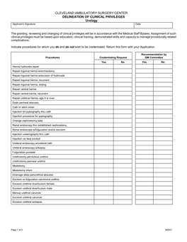 CLEVELAND AMBULATORY SURGERY CENTER DELINEATION of CLINICAL PRIVILEGES Urology Applicant’S Signature Date