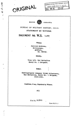 ROINN COSANTA. BUREAU of MILITARY HISTORY, 1913-21. STATEMENT by WITNESS. DOCUMENT NO. W.S. 1,205 Witness Patrick Mckenna, Killo