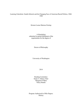 Seattle Schools and the Changing Face of American Racial Politics, 1960- 1980