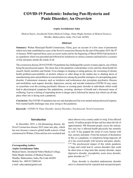 COVID-19 Pandemic: Inducing Pan-Hysteria and Panic Disorder; an Overview