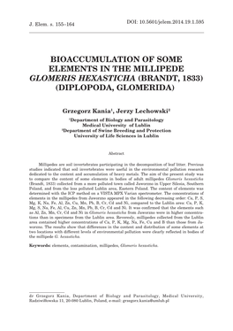 Bioaccumulation of Some Elements in the Millipede Glomeris Hexasticha (Brandt, 1833) (Diplopoda, Glomerida)1